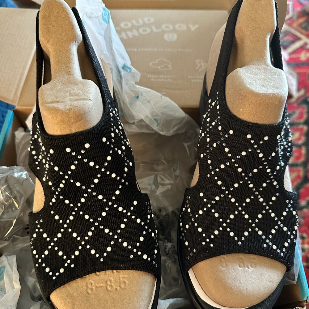 BZEES Black Open-Toe Knit Slingback Wedge with Rhinestone &  Pearl Dot Pattern